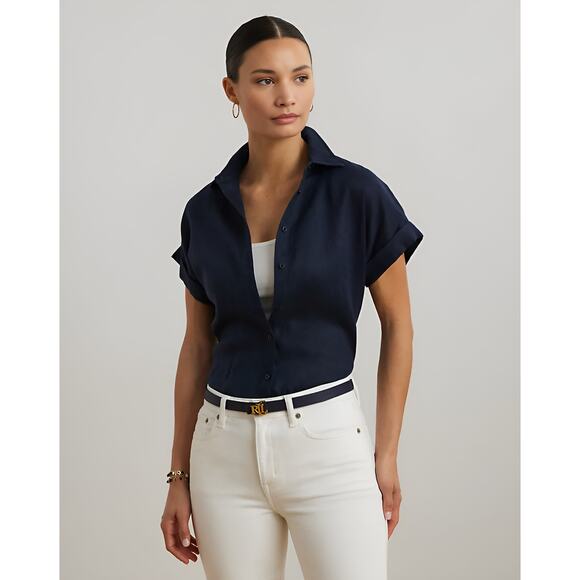 Ralph Lauren Womens Beachy Coastal Dolman‎ Short Sleeve Linen Button Up Shirt 1X - Picture 1 of 6